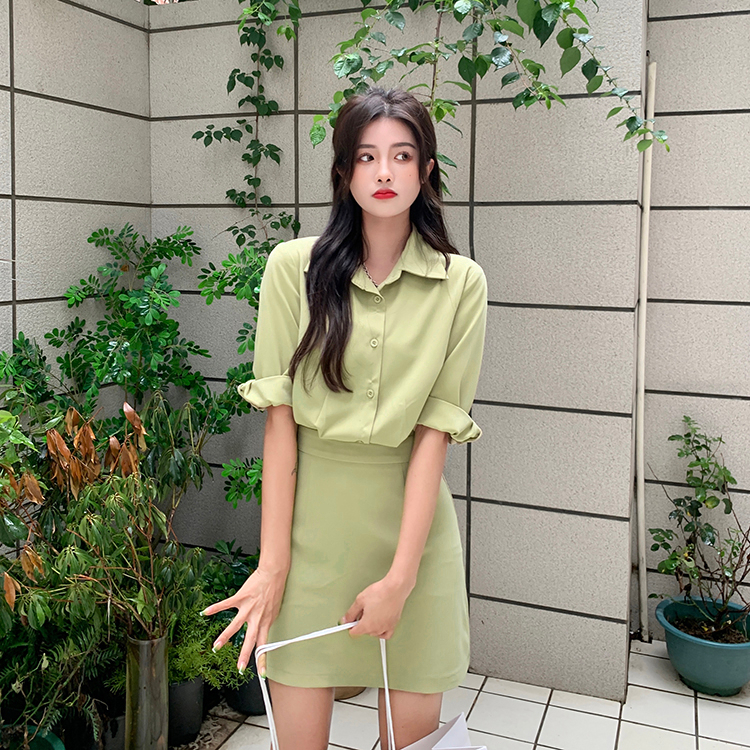 Spring fake two-piece POLO collar shirt dress for women, autumn waist slimming design skirt