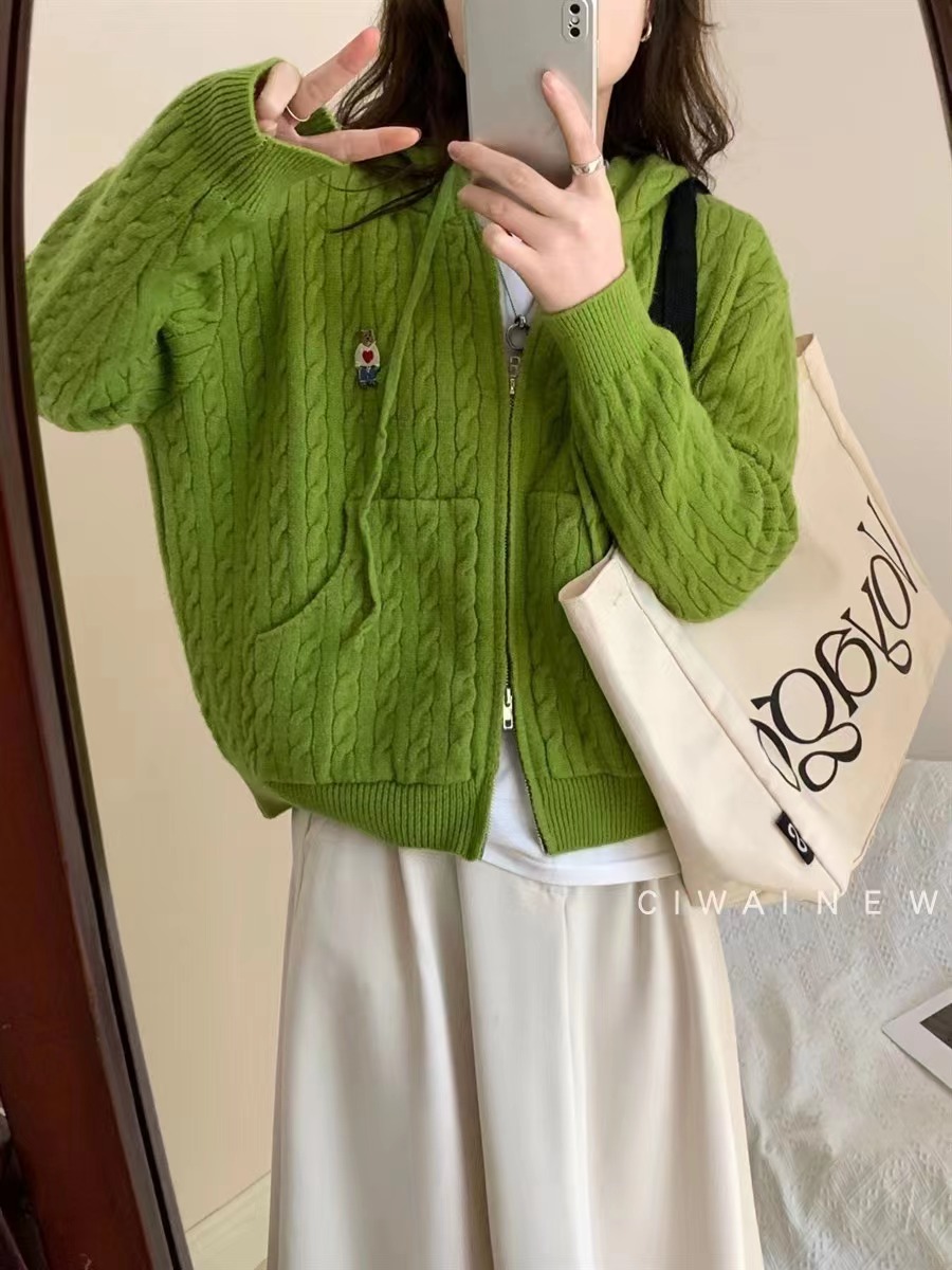 Embroidered bear hooded twist knitted sweater spring new double zipper sweater age-reducing cardigan