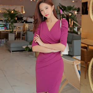 RM22219#韩版V领中袖不规则设计感时尚气质修身性感包臀连衣裙