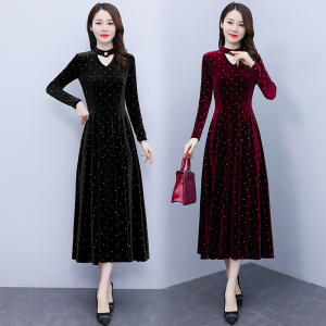 RM20608#秋装过膝连衣裙女新款中年气质高贵金丝绒长款洋气裙子