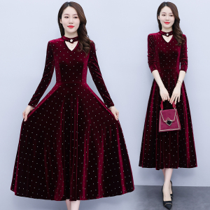RM20608#秋装过膝连衣裙女新款中年气质高贵金丝绒长款洋气裙子