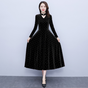 RM20608#秋装过膝连衣裙女新款中年气质高贵金丝绒长款洋气裙子