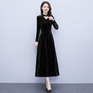 RM20608#秋装过膝连衣裙女新款中年气质高贵金丝绒长款洋气裙子