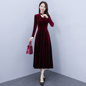 RM20608#秋装过膝连衣裙女新款中年气质高贵金丝绒长款洋气裙子