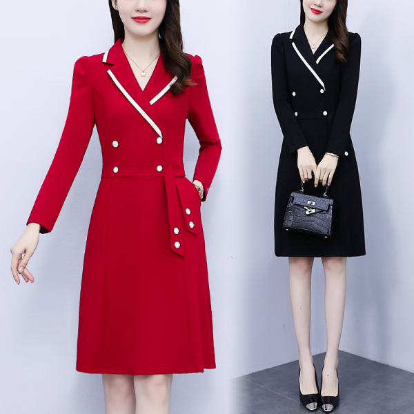RM20805#大码女装2023早秋新款韩版中长款气质显瘦收腰西服领连衣裙