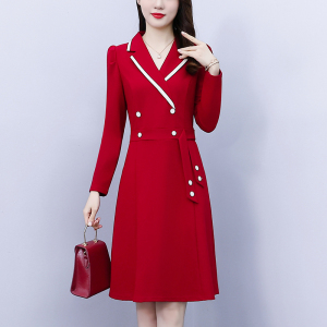 RM20805#大码女装2023早秋新款韩版中长款气质显瘦收腰西服领连衣裙