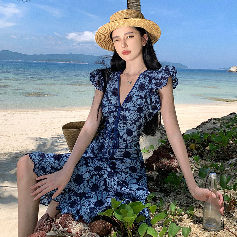 實拍法式小眾設計感小鄒菊鉤花鏤空收腰顯瘦連衣裙女