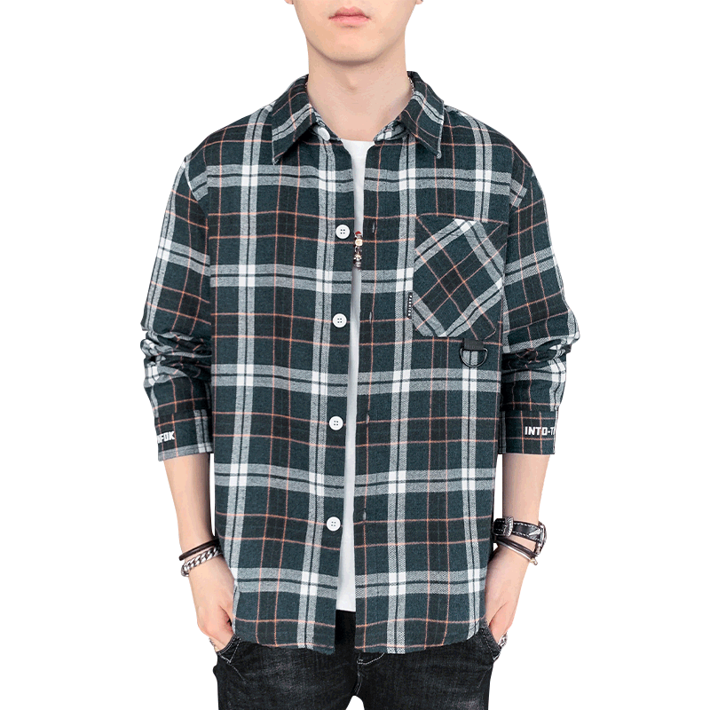 實拍秋季新款港風格子襯衫男士長袖韓版潮格子襯衣外套
