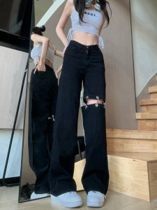 RM20535#小众设计镂空破洞牛仔裤宽松直筒裤辣妹高腰黑色阔腿裤