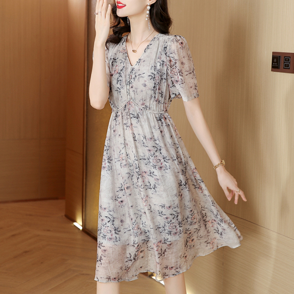 RM20433#青花瓷法式优雅V领水墨画印花复古显瘦连衣裙薄款2023新款