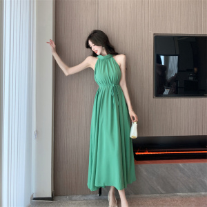 RM20491#法式高级气质挂脖背心连衣裙宽松休闲设计感小众长裙