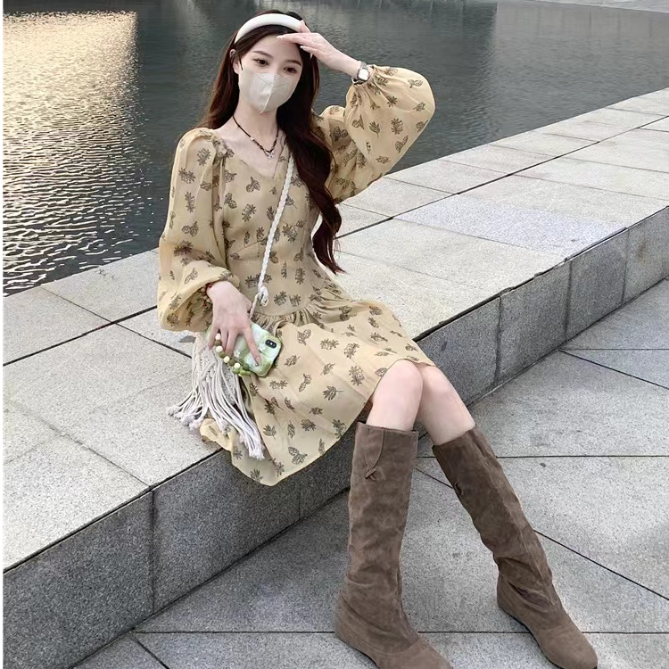 With zipper Korean version of super sweet temperament yellow floral dress 2023 autumn new retro thin tea break skirt