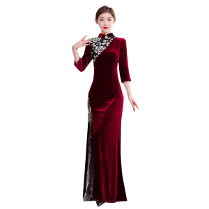 RM23118#金丝绒高端走秀旗袍裙长款优雅演出服中国风