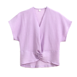 RM20431#轻奢绉感天丝扭结小衫 优雅飞袖弧形下摆显高短袖T恤上衣女
