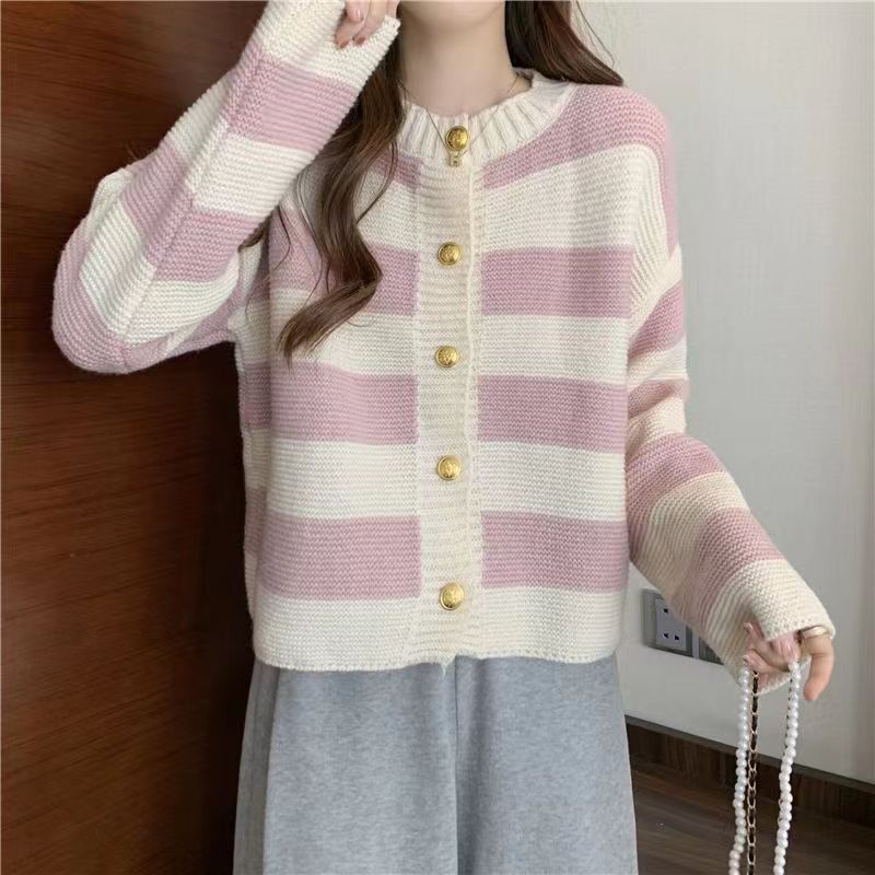  new casual all-match large stripe design contrast color cardigan knitted top women