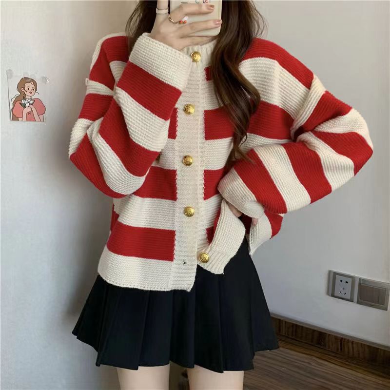  new casual all-match large stripe design contrast color cardigan knitted top women