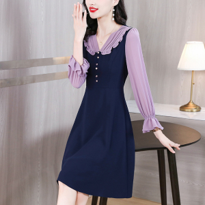 RM22972#秋季新款法式v领藏蓝色雪纺收腰连衣裙女长袖气质