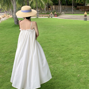 RM24880#棉麻法式超大摆花边公主连衣裙度假