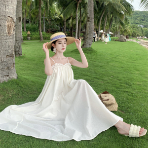 RM24880#棉麻法式超大摆花边公主连衣裙度假