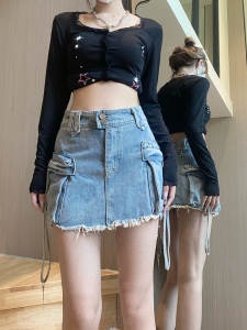 RM22241#复古辣妹风牛仔短裤女夏季高腰短款工装裙裤