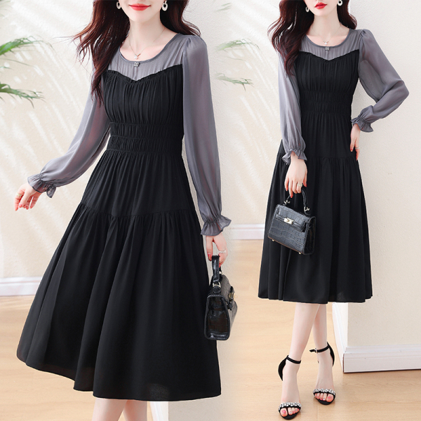 RM20807#新款法式假两件天丝拼接赫本风黑色连衣裙法式长裙