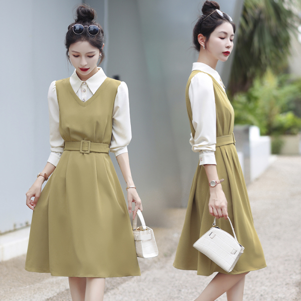 RM22091#茶歇法式长袖连衣裙女2023早秋时尚气质假两件中长裙子