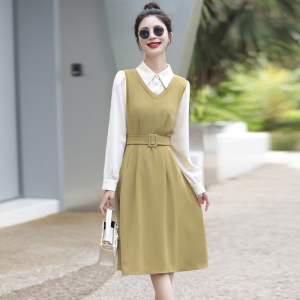 RM22091#茶歇法式长袖连衣裙女2023早秋时尚气质假两件中长裙子