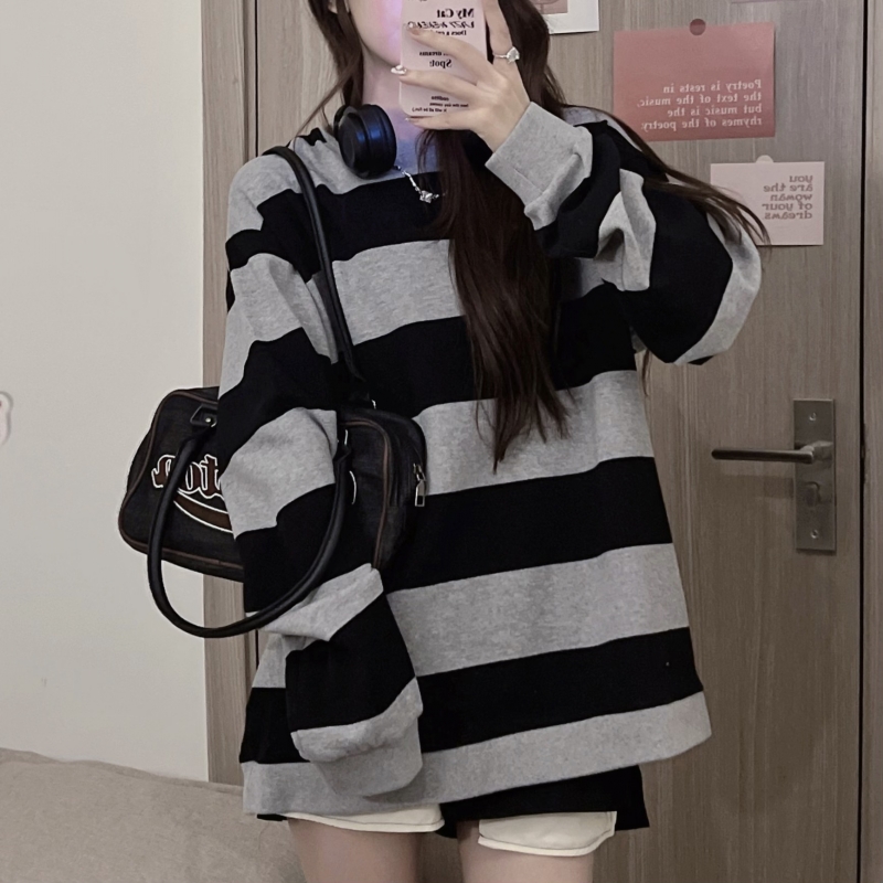 2023 new autumn clothing Korean style retro striped sweater women's loose large version mid-length