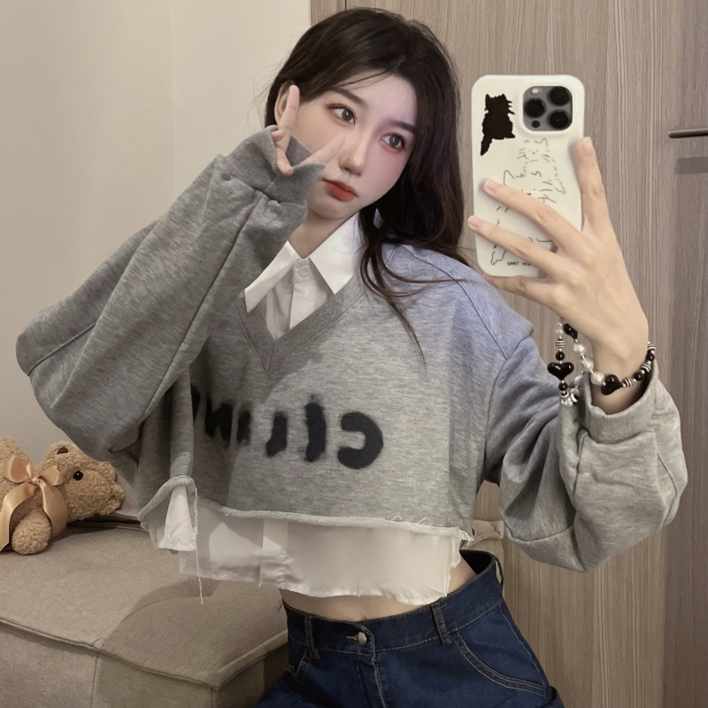 2023 New Autumn Clothes Korean Version Fake Two-Piece Design Sweatshirt Women's Shirt Collar