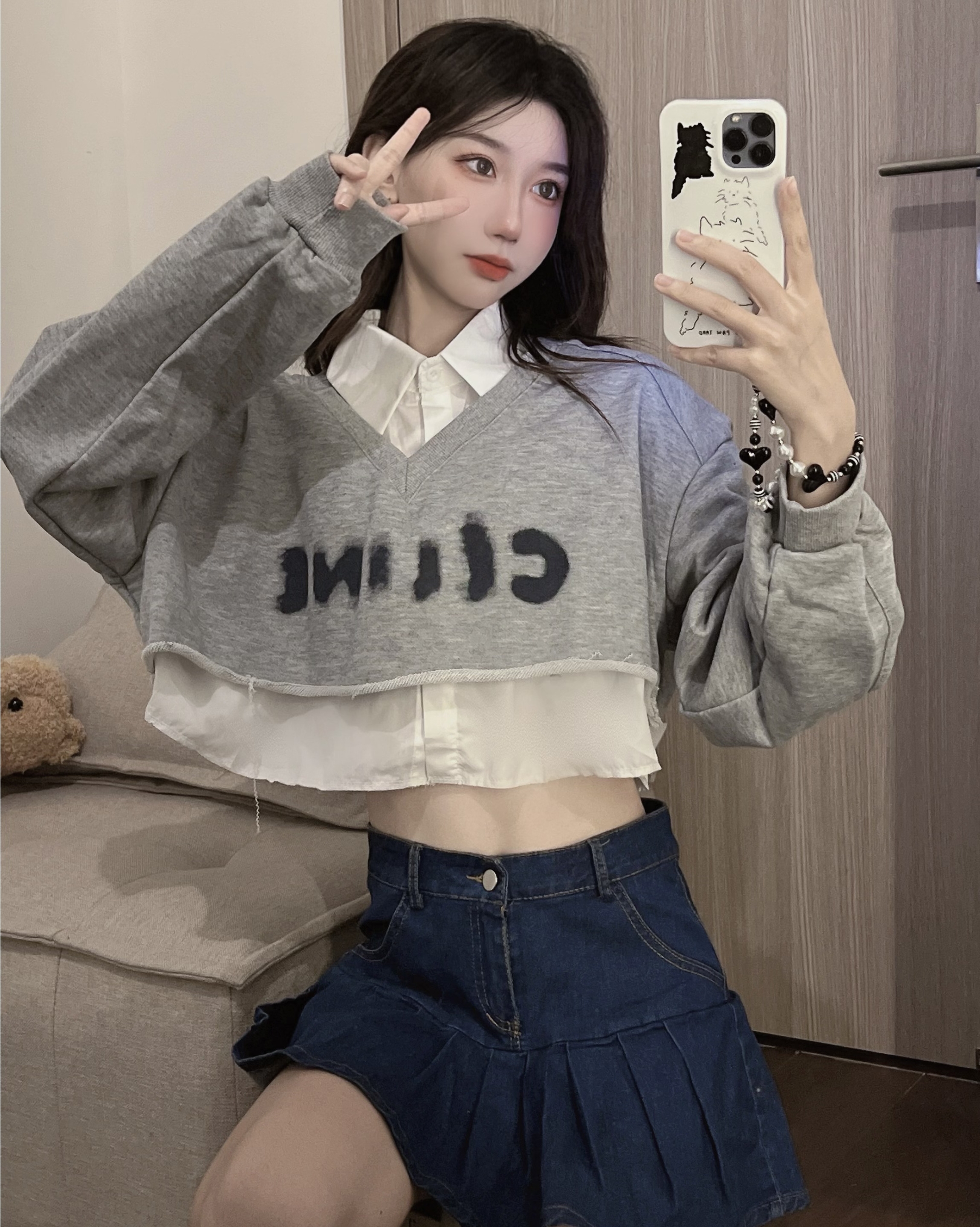 2023 New Autumn Clothes Korean Version Fake Two-Piece Design Sweatshirt Women's Shirt Collar