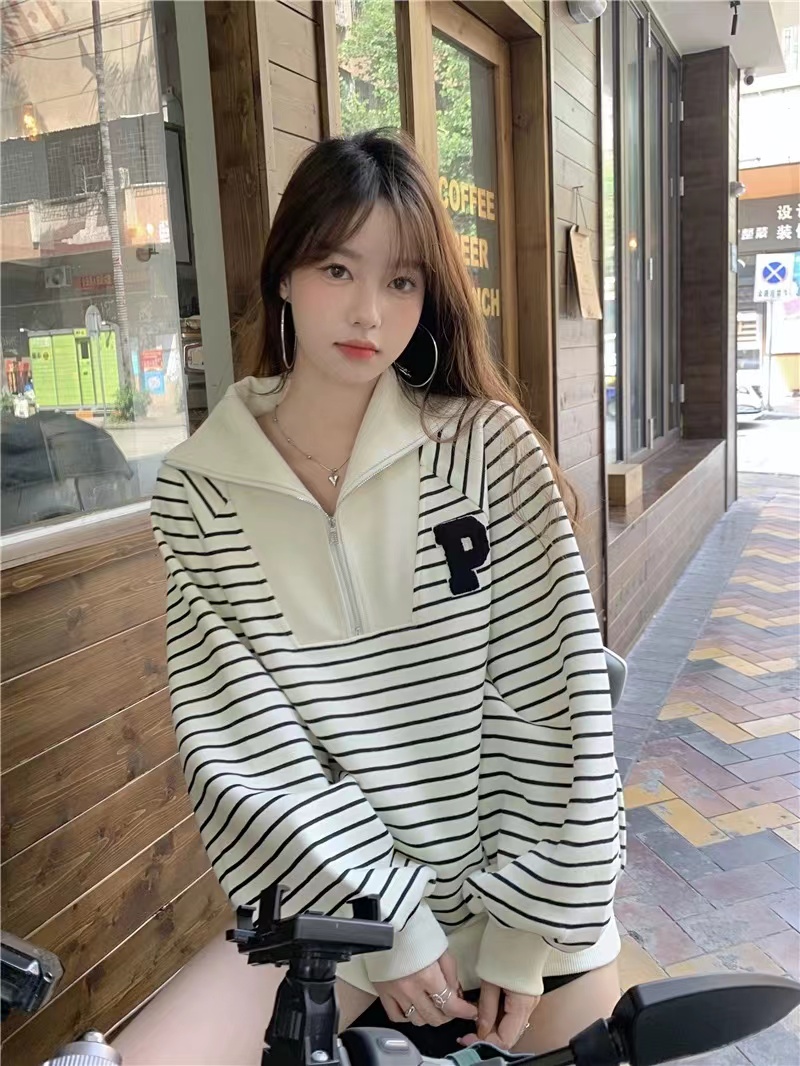 Japanese retro polo collar sweater women's spring and autumn stripes all-match lazy style student loose long-sleeved half-zipper top