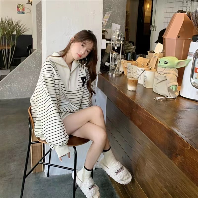 Japanese retro polo collar sweater women's spring and autumn stripes all-match lazy style student loose long-sleeved half-zipper top