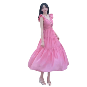 RM20546#粉色小飞袖吊带连衣裙子女夏季2023新款海边度假法式绝美无袖长裙