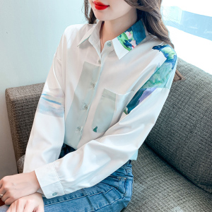 RM24105# 新款宽松设计感白色印花上衣女长袖个性百搭雪纺衫