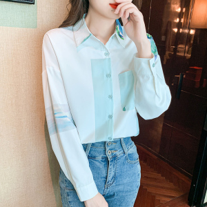 RM24105# 新款宽松设计感白色印花上衣女长袖个性百搭雪纺衫