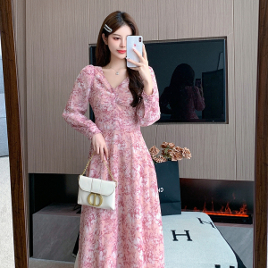 RM21374#法式气质优雅连衣裙温柔风A字裙粉色仙女碎花雪纺长裙