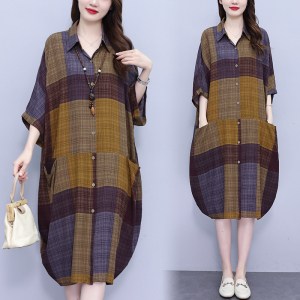 RM20749#夏季新款韩版复古大码POLO领遮肉衬衫连衣裙中长款休闲宽松型