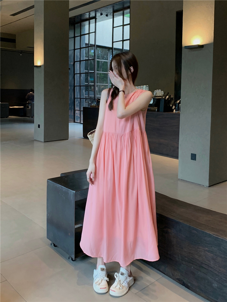 !  Pink Sweet Dress Female Small Sleeveless Loose Pullover Round Neck Back Ties Sundress