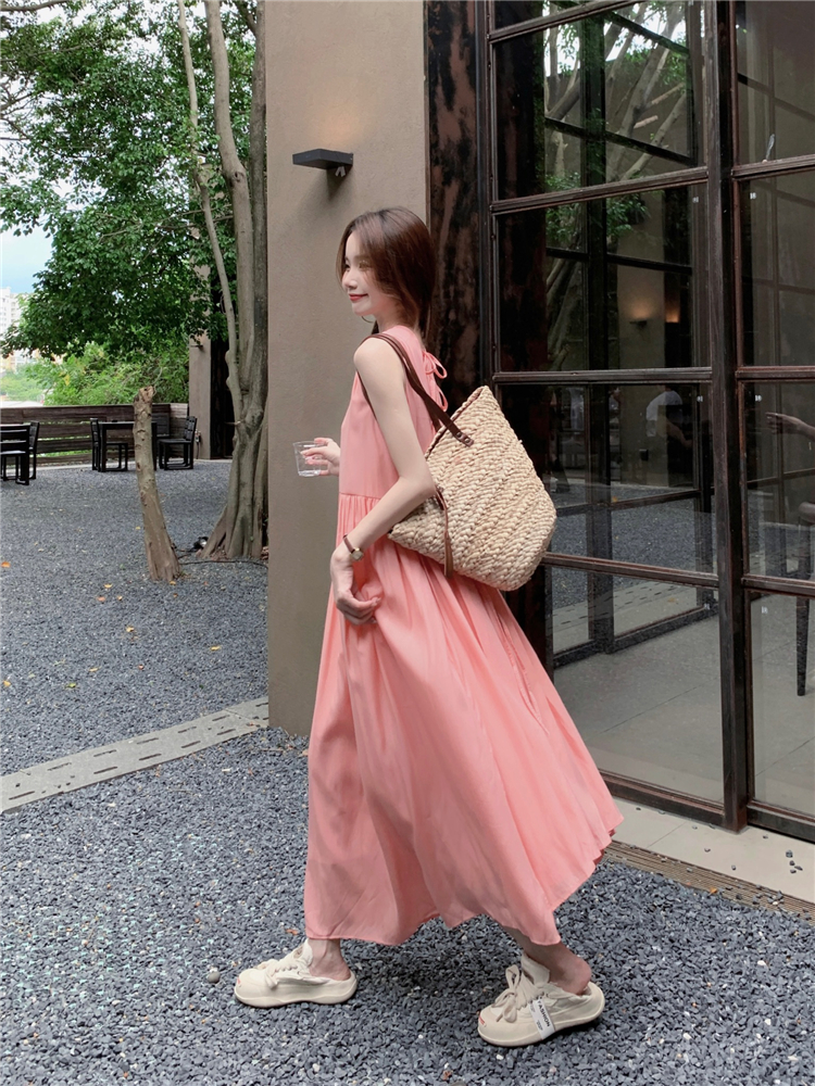 !  Pink Sweet Dress Female Small Sleeveless Loose Pullover Round Neck Back Ties Sundress