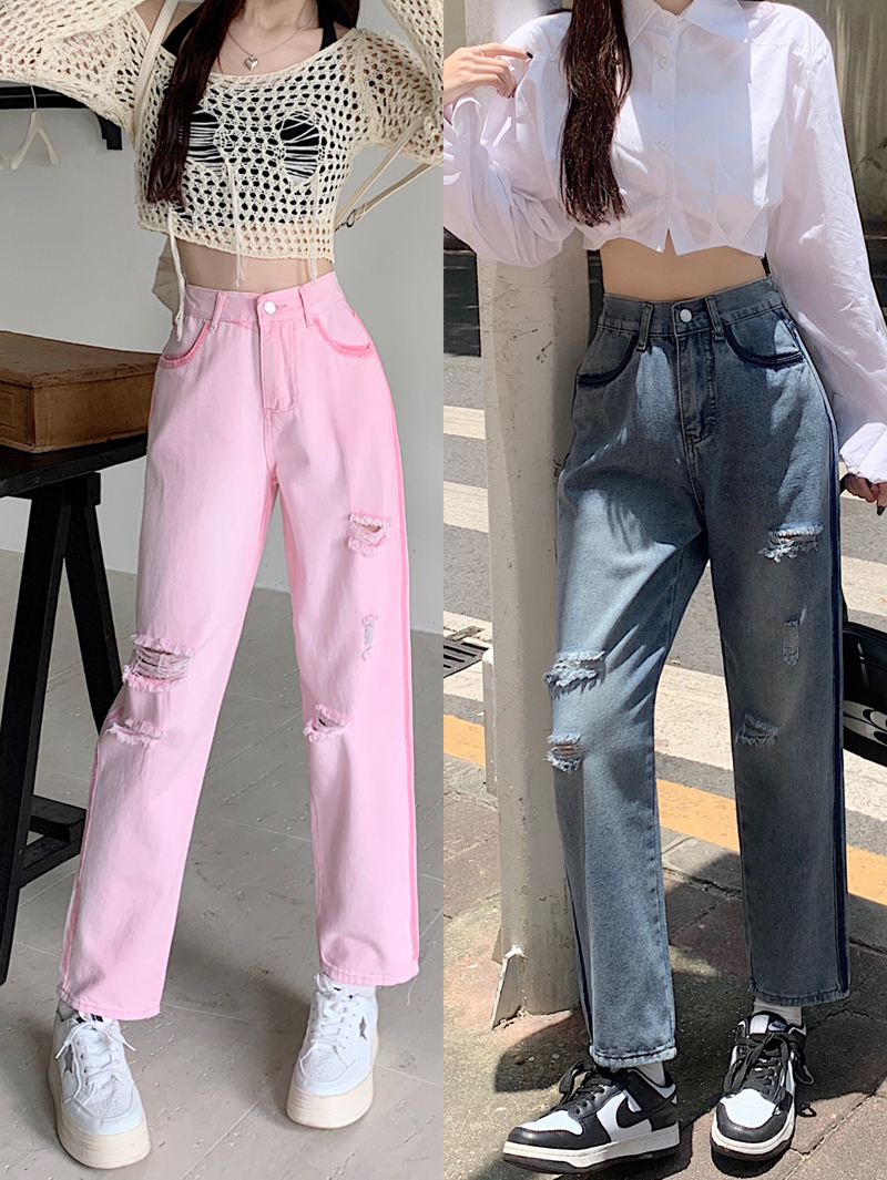 Actual shot of 2024 early spring Korean version of the new design heavy-duty washed washed holes solid color high-waist slim jeans