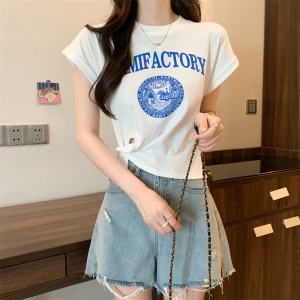 RM20672#短袖女t恤夏季新款设计感印花圆领打底衫内搭正肩上衣ins