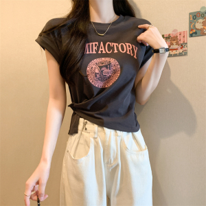 RM20672#短袖女t恤夏季新款设计感印花圆领打底衫内搭正肩上衣ins