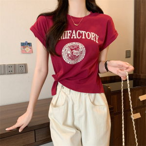 RM20672#短袖女t恤夏季新款设计感印花圆领打底衫内搭正肩上衣ins