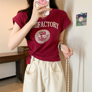 RM20672#短袖女t恤夏季新款设计感印花圆领打底衫内搭正肩上衣ins
