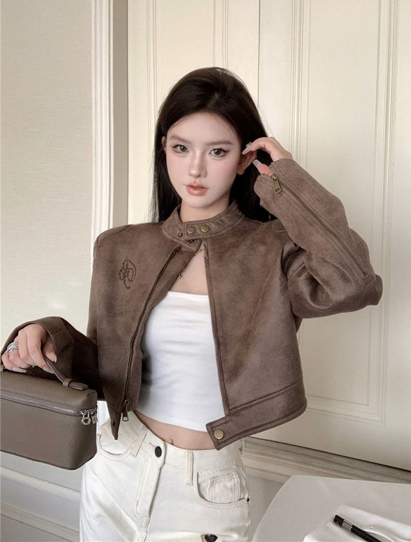 Real shot of Maillard Autumn Retro Suede Chest Hot Drilled Small Fragrance Jacket Short Right Shoulder Temperament Stand Collar Top Women