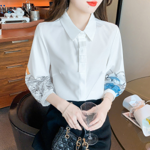 RM23624#新款通勤气质印花八分袖白色衬衫七分袖时尚设计感
