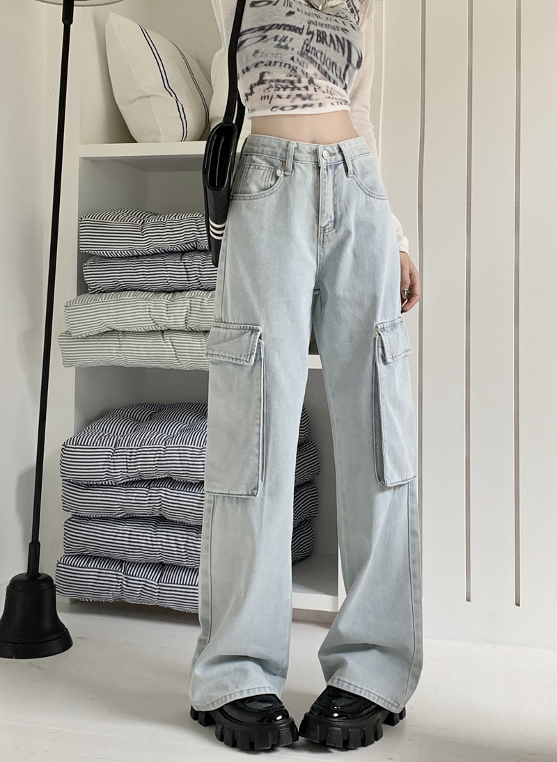 Actual shot#New workwear denim trousers for women with large pockets, loose straight wide-leg floor-length mopping trousers