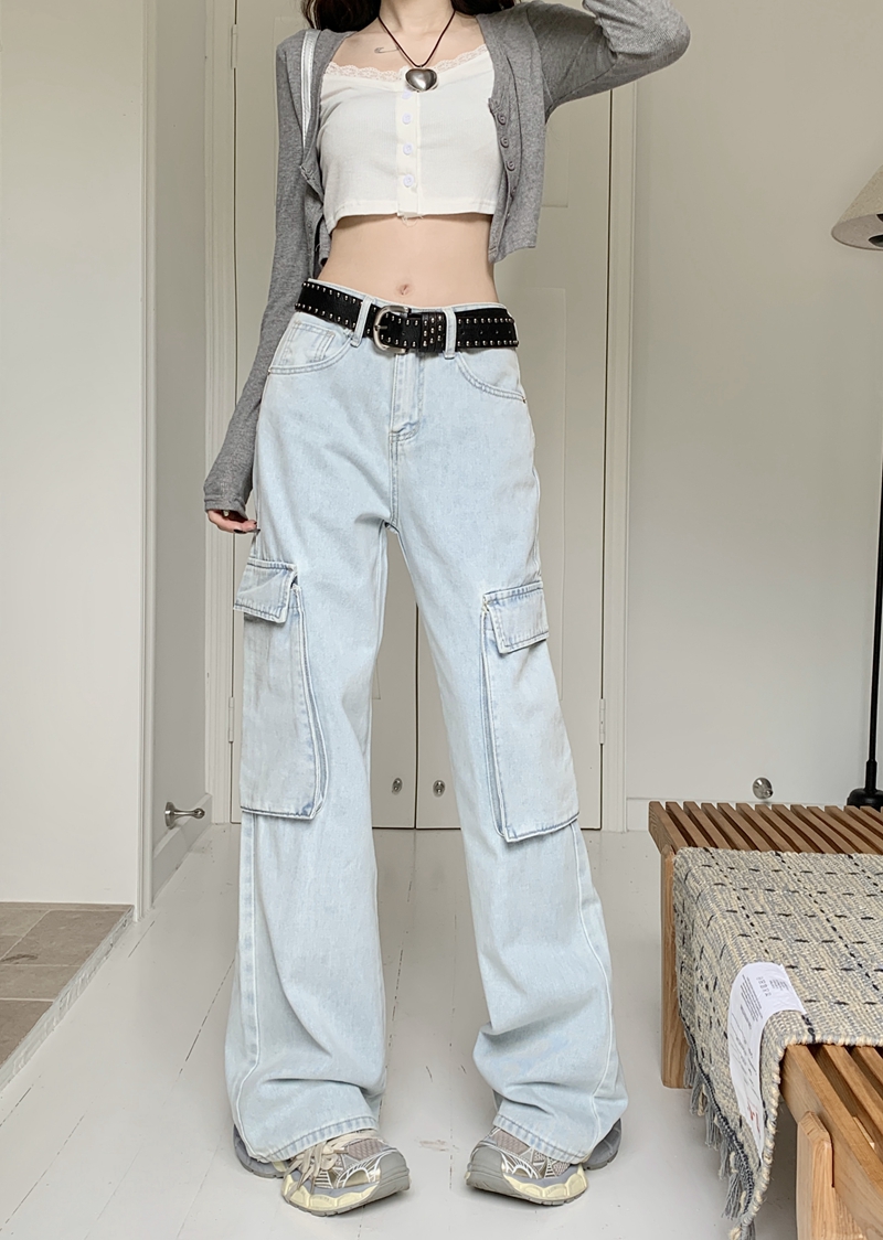 Actual shot#New workwear denim trousers for women with large pockets, loose straight wide-leg floor-length mopping trousers