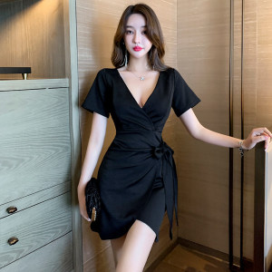 Irregular Dress Open Chest Night Club Sexy V-neck Low Chest Tight Wrap Hip Skirt