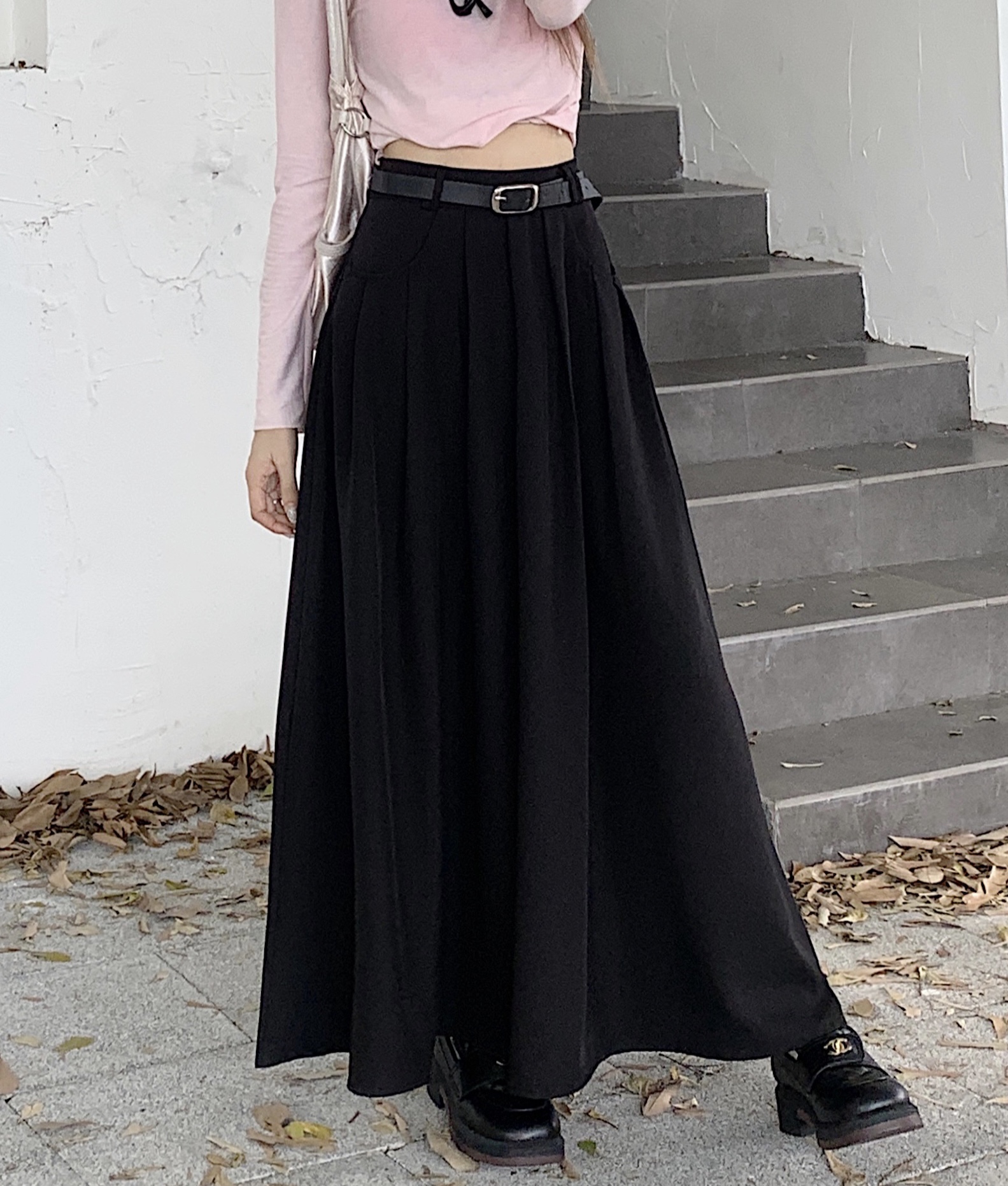 ~Give belt 2023 autumn new high waist big swing pleated mid-length suit skirt a-line skirt